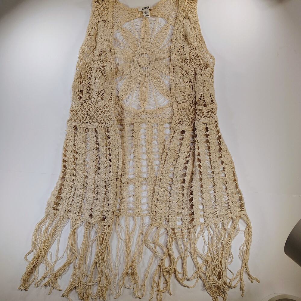 Boho Festival Cato Sz Md Cream Crochet Medallion Flower Fringe Vest Hippie Vibe - Picture 2 of 11